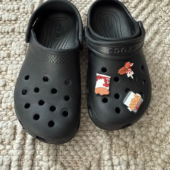 CROCS Kids Black Clogs with Fun Charms - Picture 1 of 4